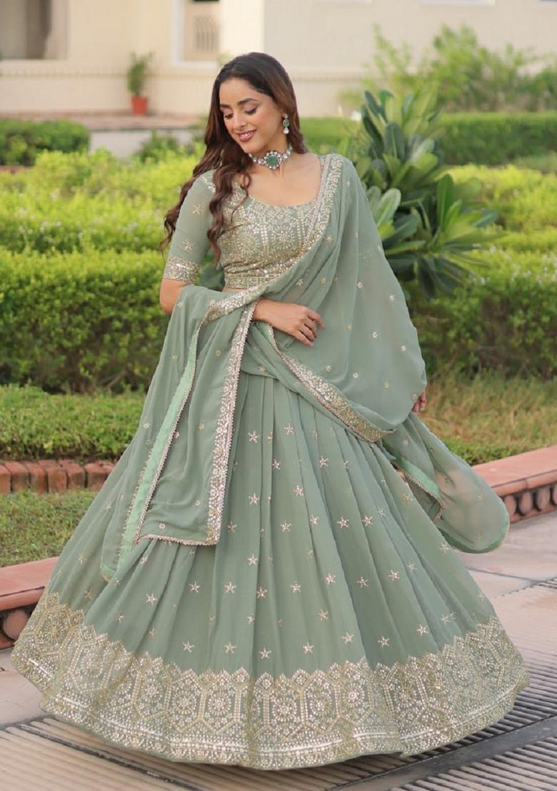 Misty Sea Green Embroidery Georgette Lehenga Set - Indya
