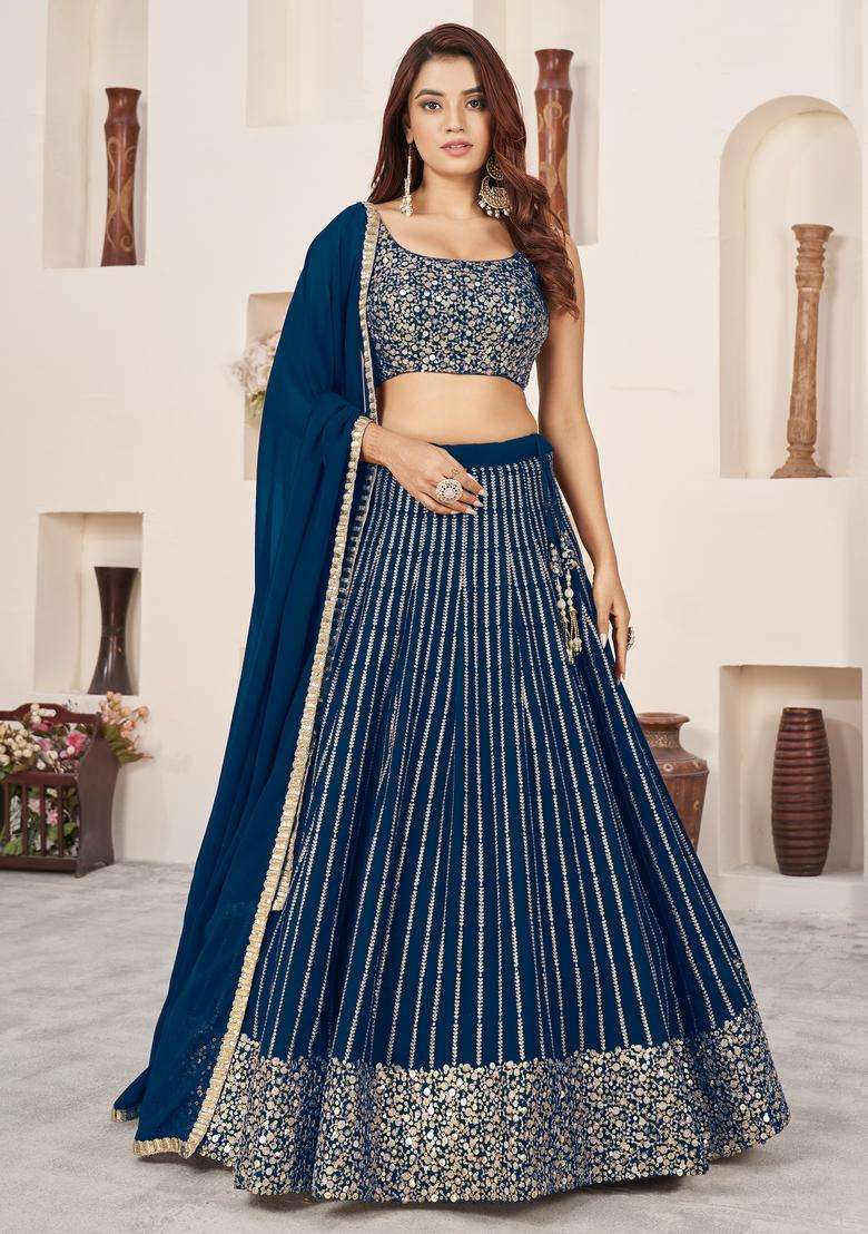 Blue Embroidery Georgette Lehenga Set for Diwali and Festive Wear - Indya