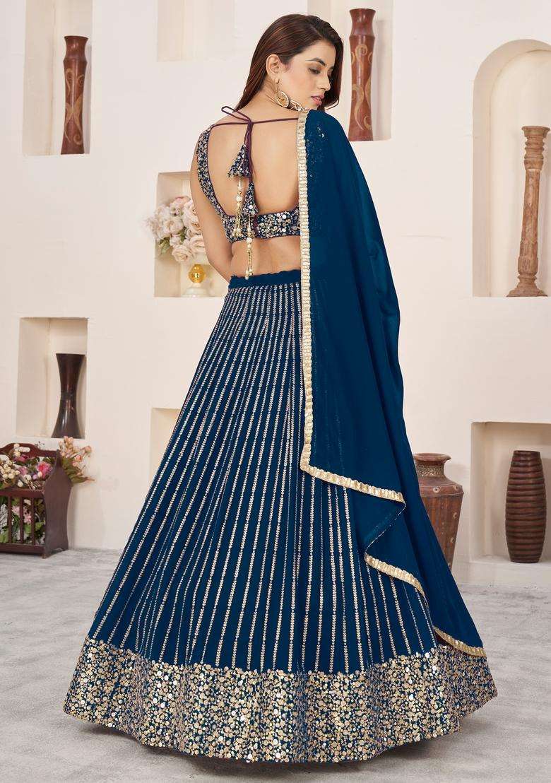 Blue Embroidery Georgette Lehenga Set for Diwali and Festive Wear - Indya