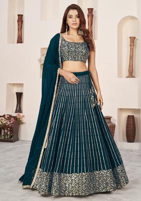 Green Embroidery Georgette Lehenga Set
