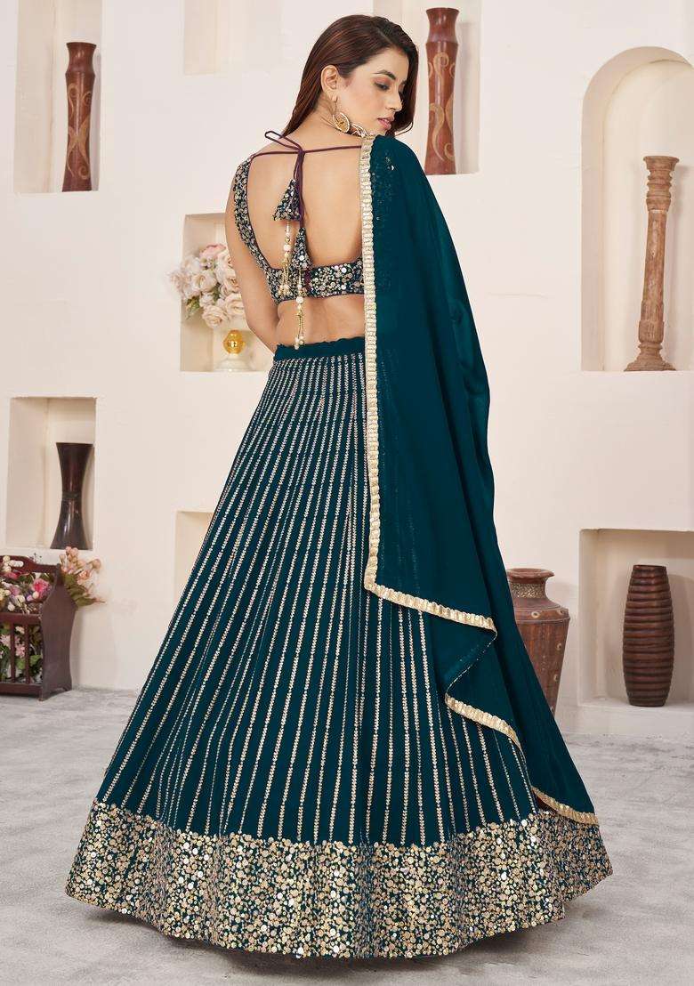 Green Embroidery Georgette Lehenga Set for Diwali and Festive Wear - Indya