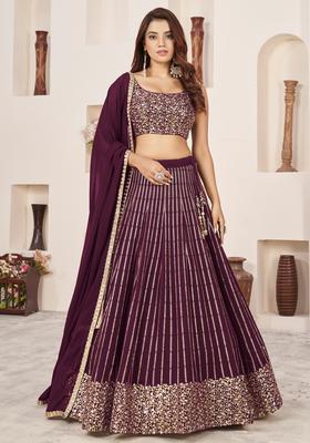 Wine Embroidery Georgette Lehenga Set