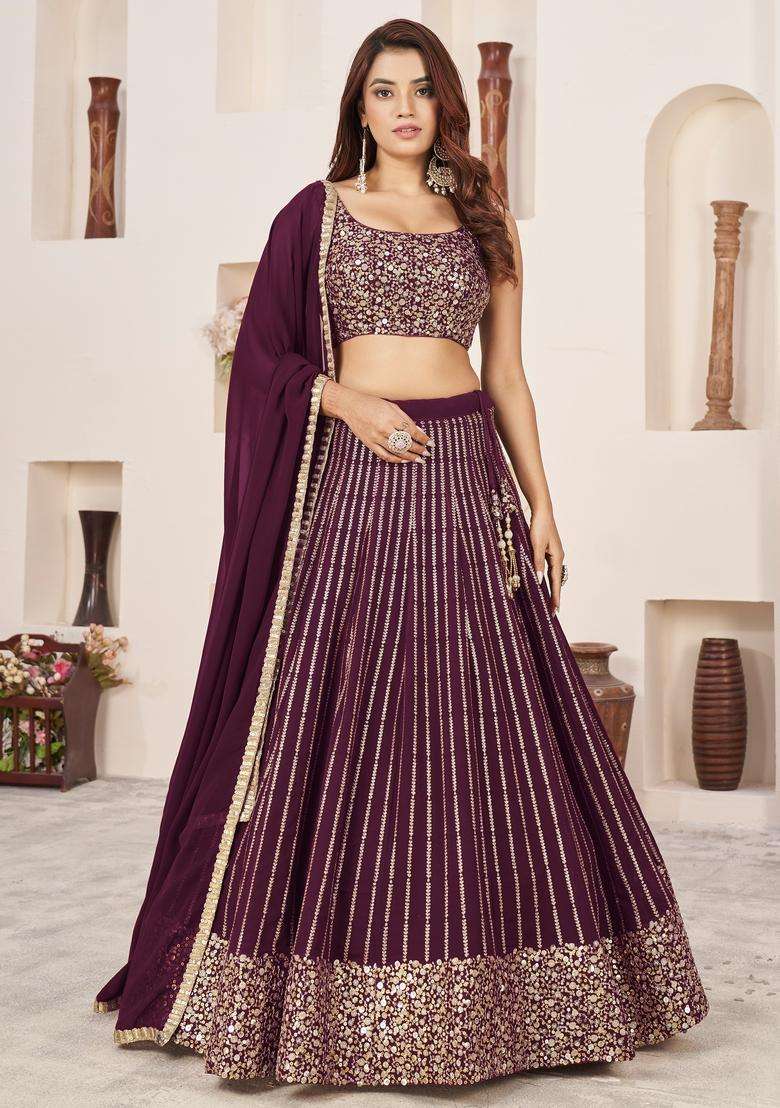 Wine Embroidery Georgette Lehenga Set for Diwali and Festive Wear - Indya