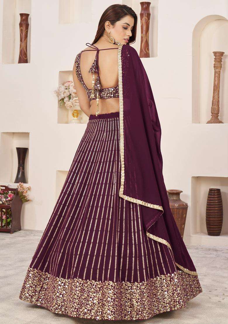 Wine Embroidery Georgette Lehenga Set for Diwali and Festive Wear - Indya