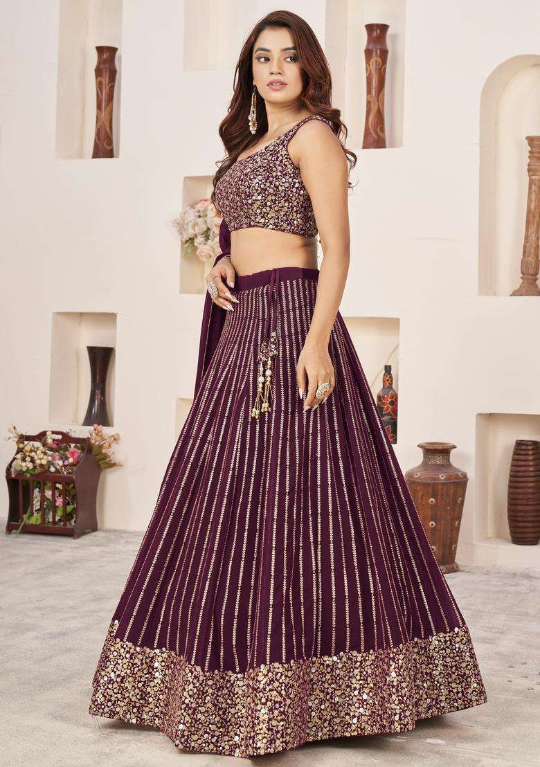 Wine Embroidery Georgette Lehenga Set for Diwali and Festive Wear - Indya