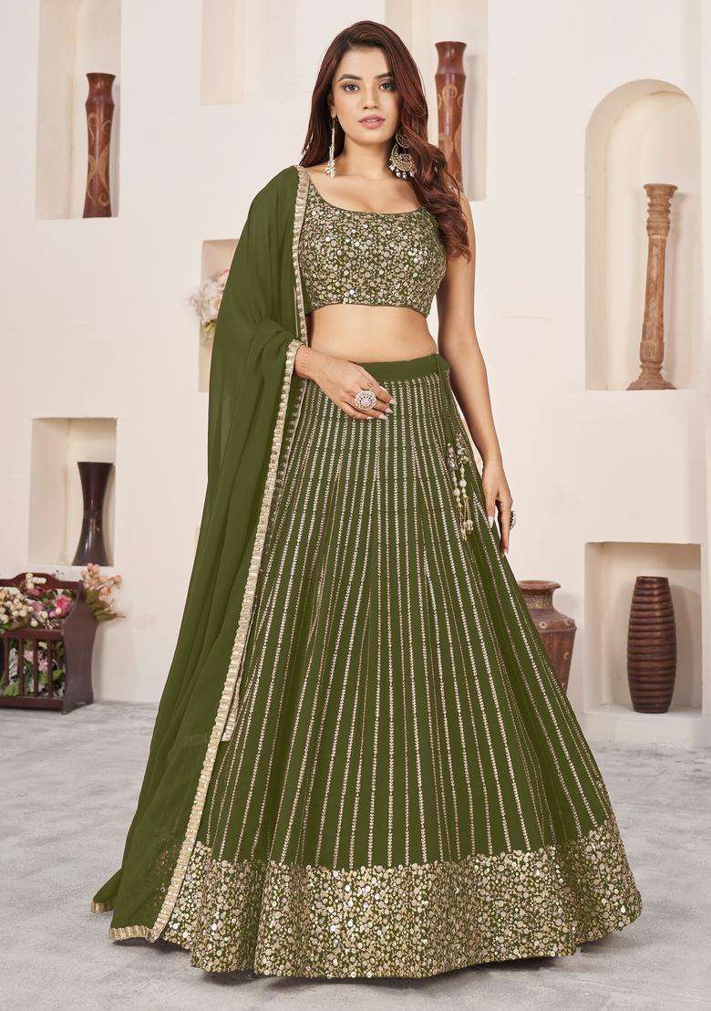 Olive Georgette Lehenga Set with Embroidery for Diwali | Wedding & Festive Wear - Indya