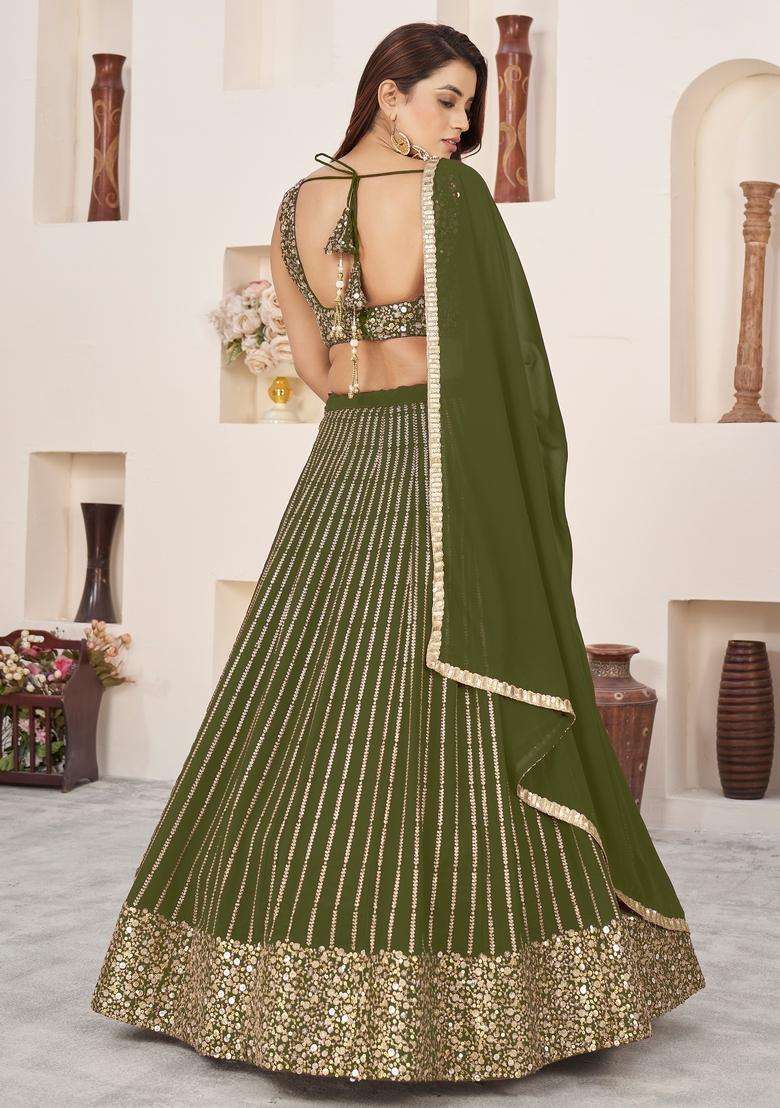Olive Georgette Lehenga Set with Embroidery for Diwali | Wedding & Festive Wear - Indya