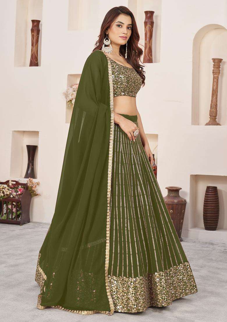 Olive Georgette Lehenga Set with Embroidery for Diwali | Wedding & Festive Wear - Indya