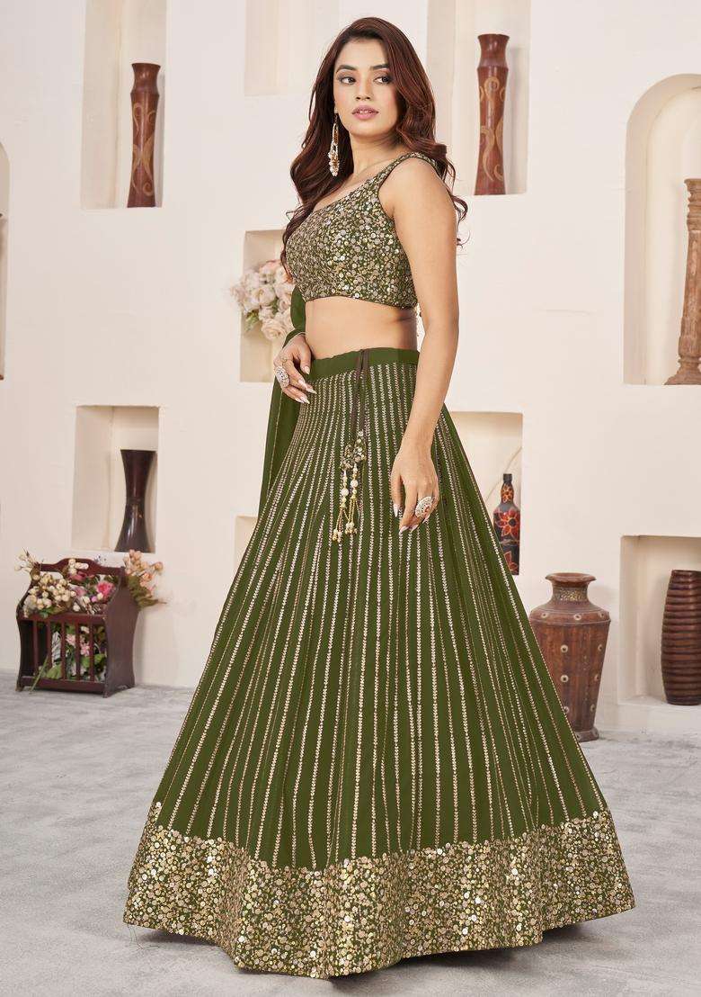 Olive Georgette Lehenga Set with Embroidery for Diwali | Wedding & Festive Wear - Indya
