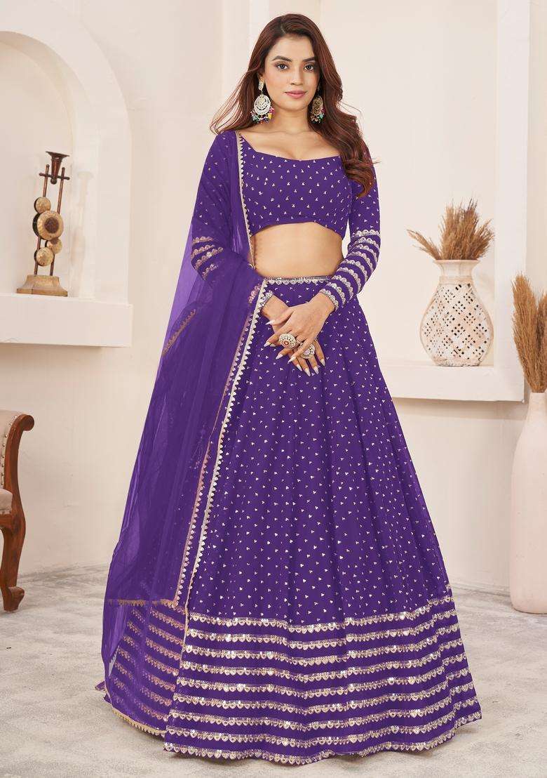 Violet Georgette Lehenga Set with Embroidery for Diwali | Wedding & Festive Wear - Indya