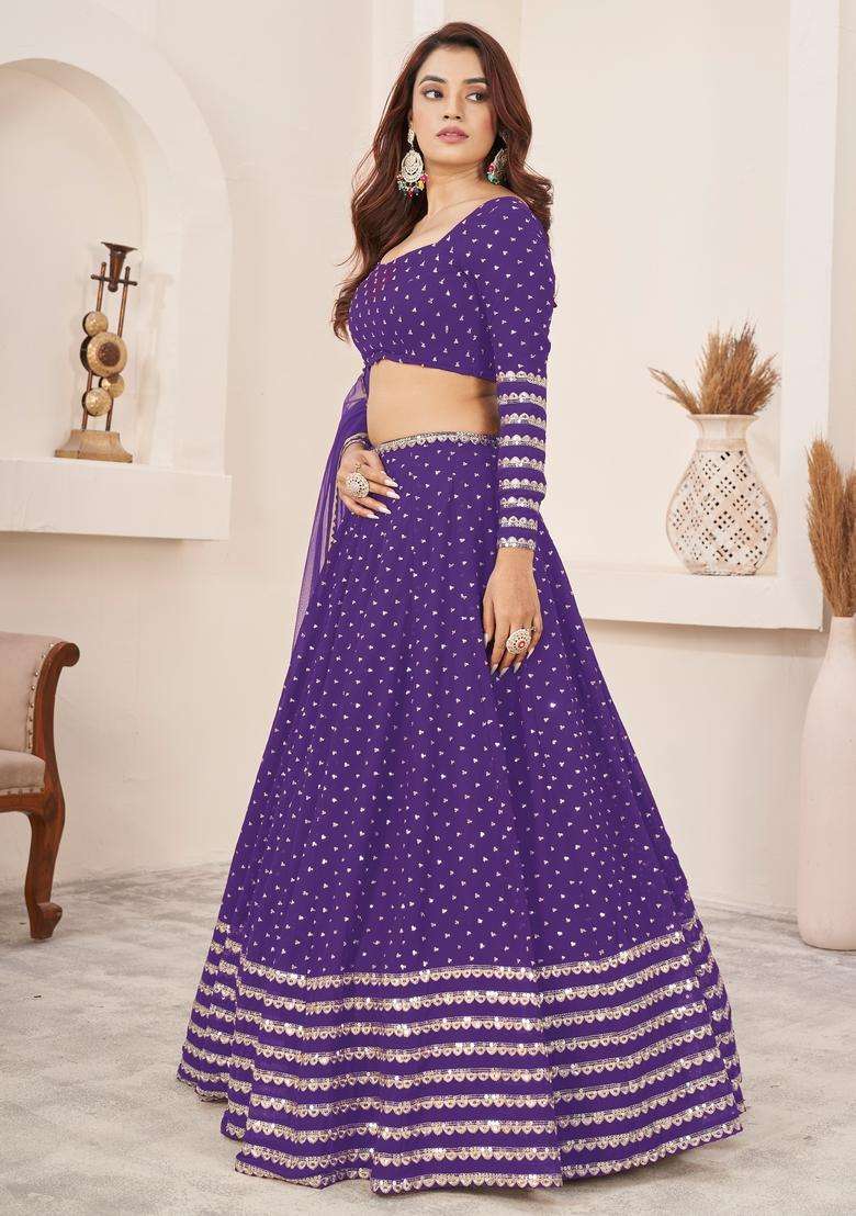 Violet Georgette Lehenga Set with Embroidery for Diwali | Wedding & Festive Wear - Indya