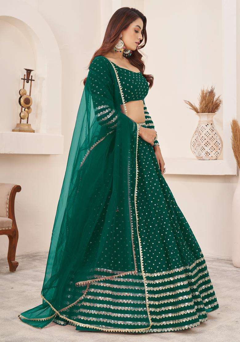 Teal Green Embroidery Georgette Lehenga Set for Diwali and Festive Wear - Indya