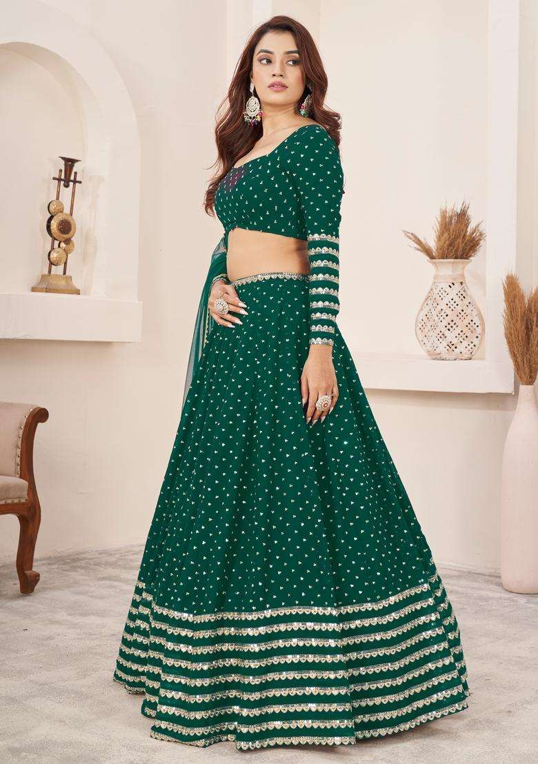 Teal Green Embroidery Georgette Lehenga Set for Diwali and Festive Wear - Indya