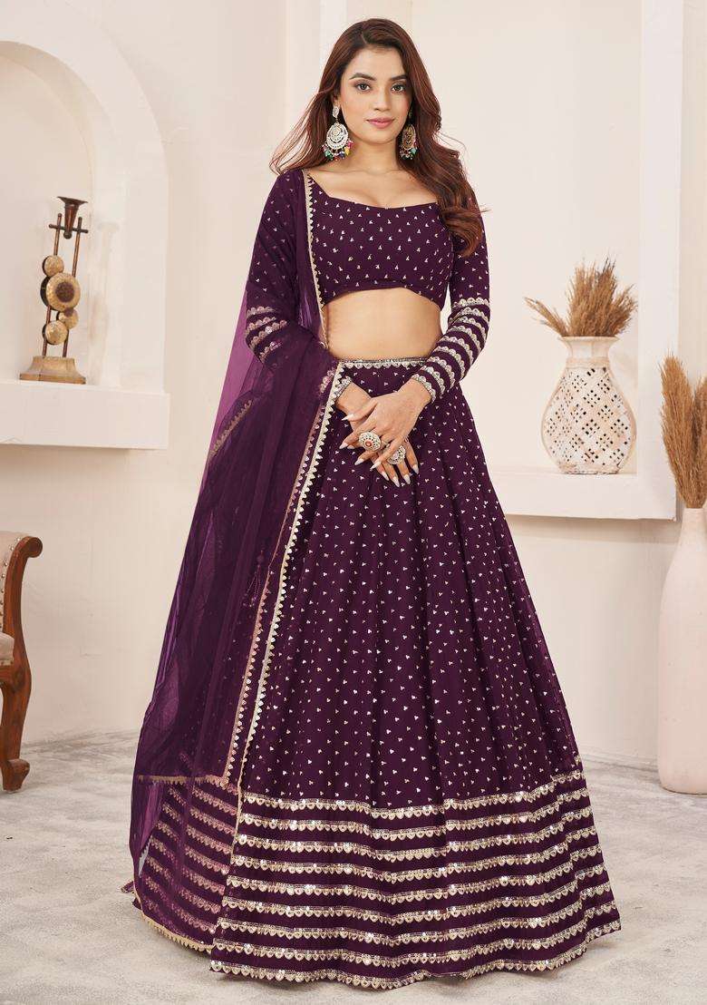 Wine Georgette Lehenga Set with Embroidery for Diwali | Wedding & Festive Wear - Indya
