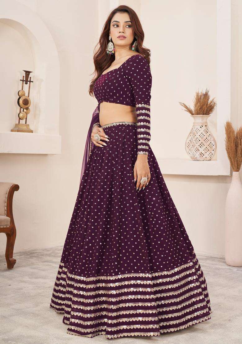 Wine Georgette Lehenga Set with Embroidery for Diwali | Wedding & Festive Wear - Indya