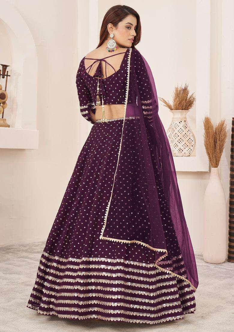 Wine Georgette Lehenga Set with Embroidery for Diwali | Wedding & Festive Wear - Indya