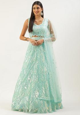 Blue Embroidery Net Lehenga Set