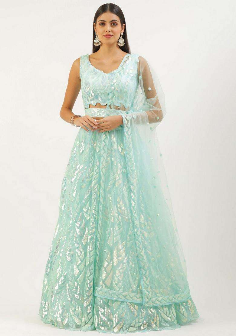 Blue Net Lehenga Set with Embroidery for Diwali | Wedding & Festive Wear - Indya