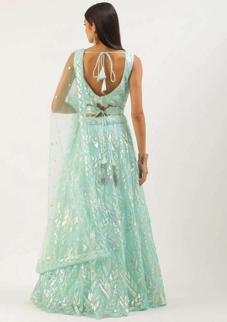 Blue Net Lehenga Set with Embroidery for Diwali | Wedding & Festive Wear - Indya