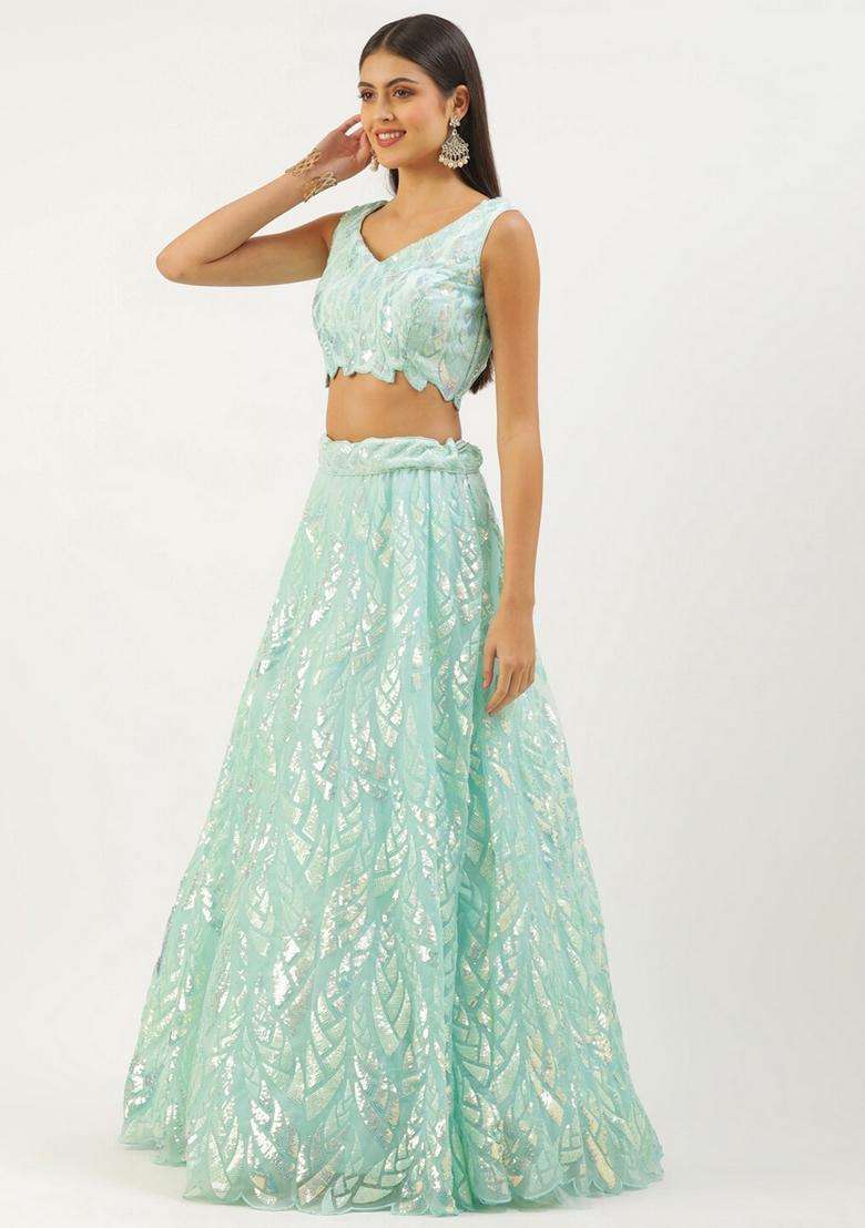 Blue Net Lehenga Set with Embroidery for Diwali | Wedding & Festive Wear - Indya