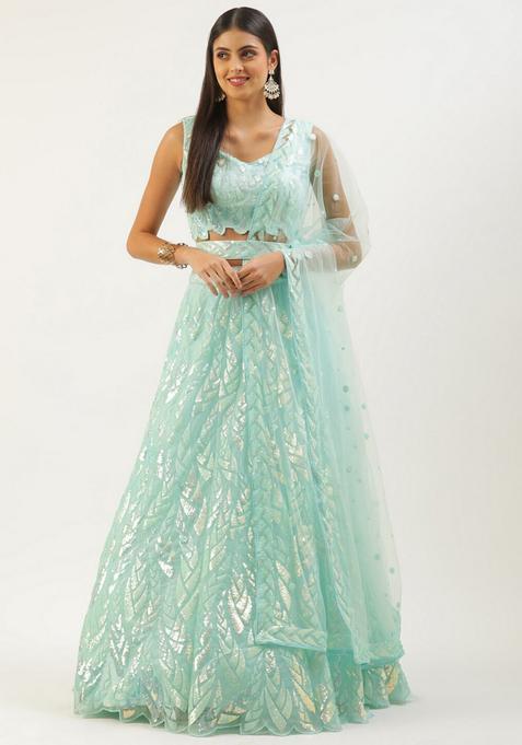 Blue Embroidery Net Lehenga Set