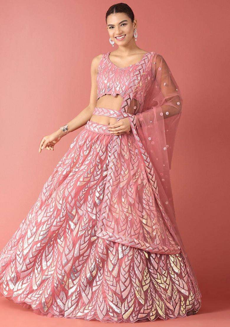 Pink Embroidery Net Lehenga Set for Diwali and Festive Wear - Indya