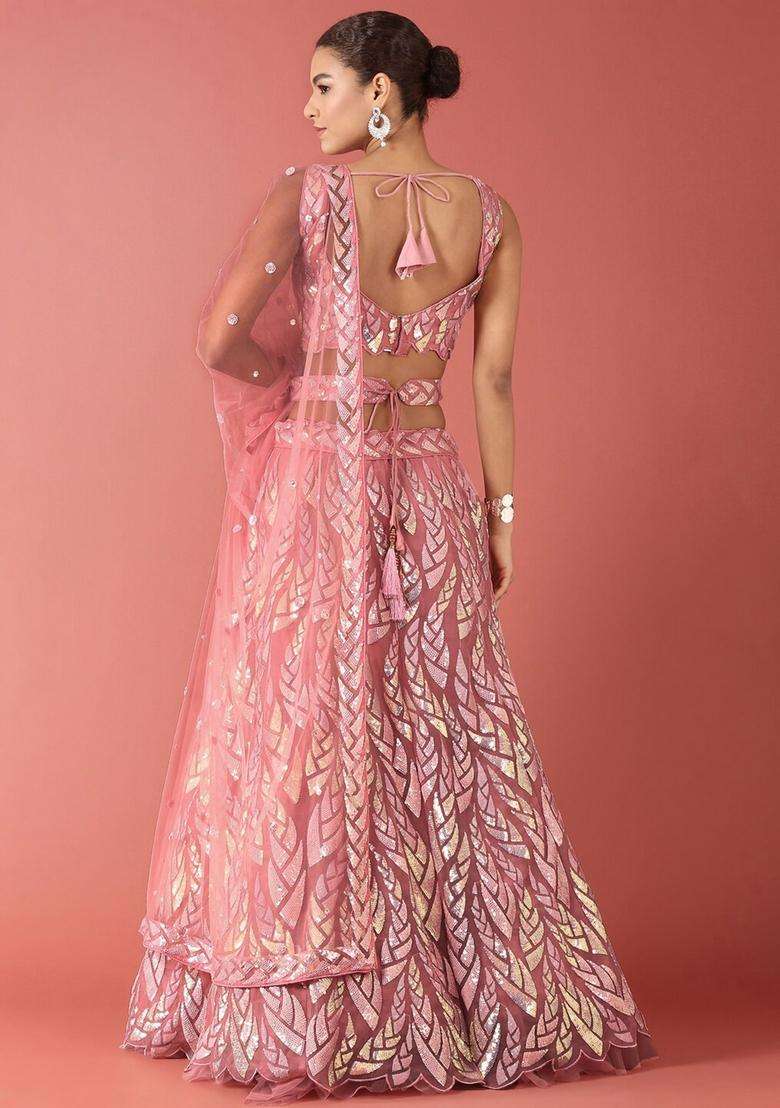 Pink Embroidery Net Lehenga Set for Diwali and Festive Wear - Indya