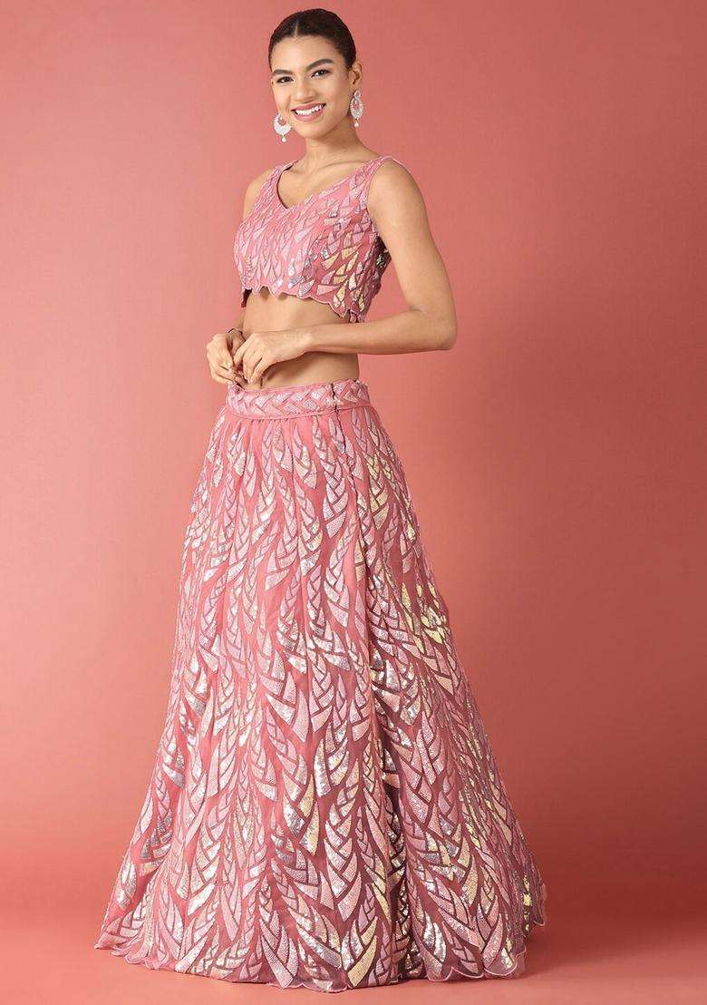 Pink Embroidery Net Lehenga Set for Diwali and Festive Wear - Indya