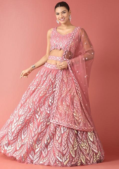 Pink Embroidery Net Lehenga Set