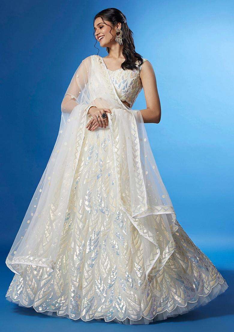 White Net Lehenga Set with Embroidery for Diwali | Wedding & Festive Wear - Indya