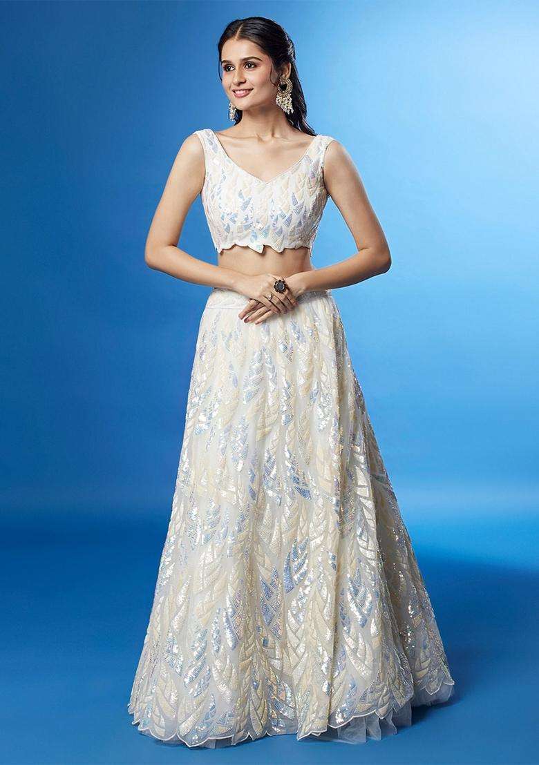 White Net Lehenga Set with Embroidery for Diwali | Wedding & Festive Wear - Indya