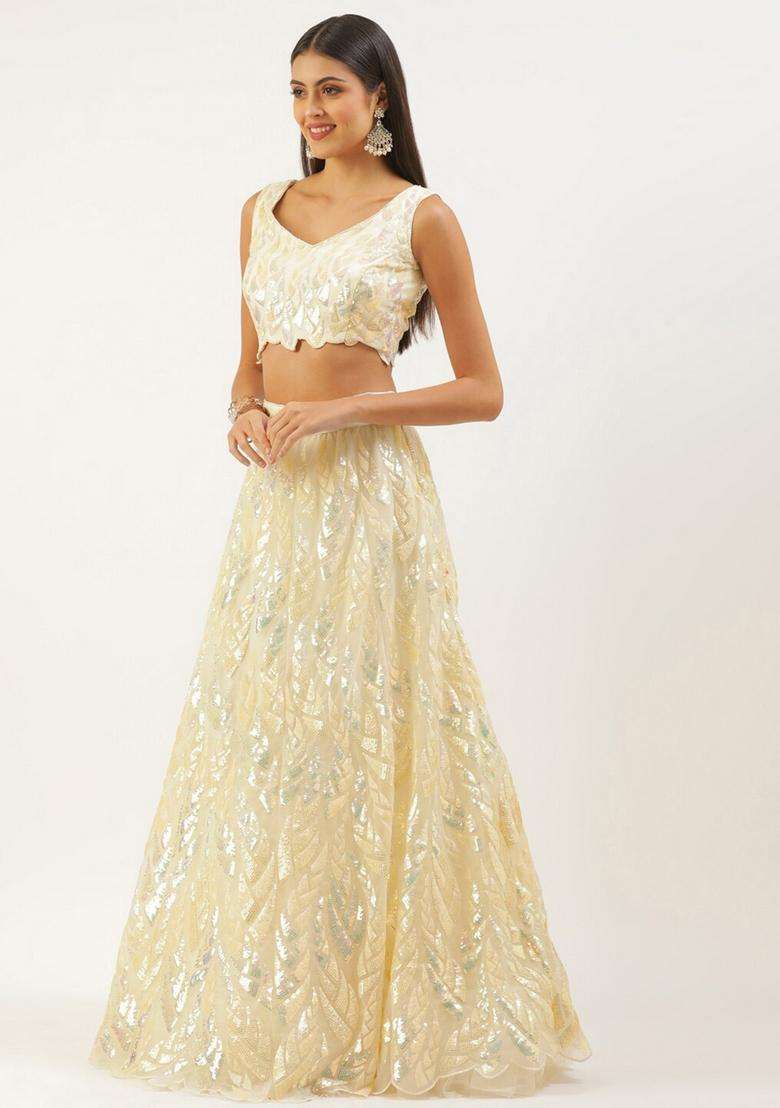 Yellow Net Lehenga Set with Embroidery for Diwali | Wedding & Festive Wear - Indya