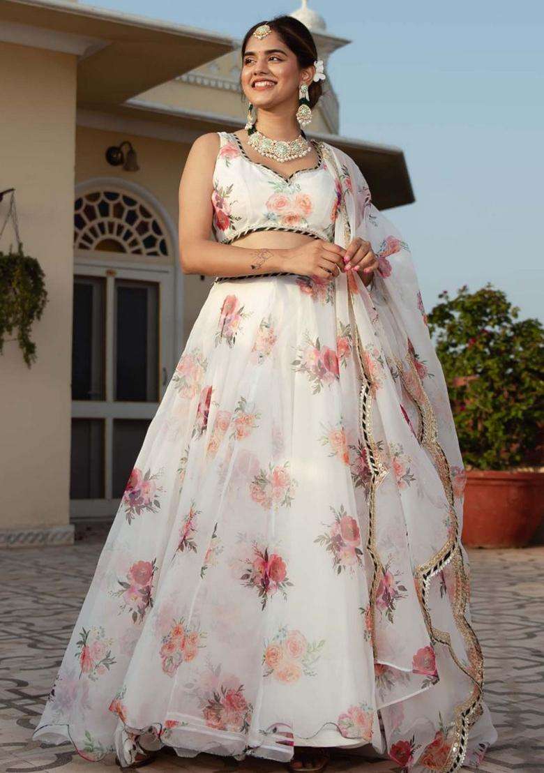 White Floral Print Organza Lehenga Set for Diwali and Festive Wear - Indya