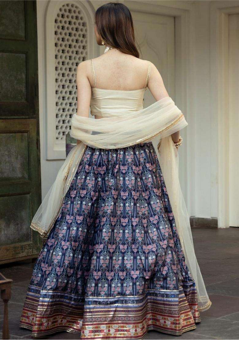 Blue Silk Blend Lehenga Set with Printed for Diwali | Wedding & Festive Wear - Indya