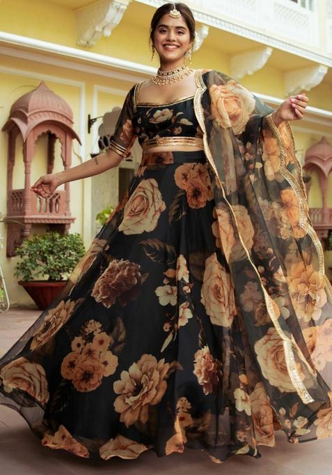Black Printed Organza Lehenga Set