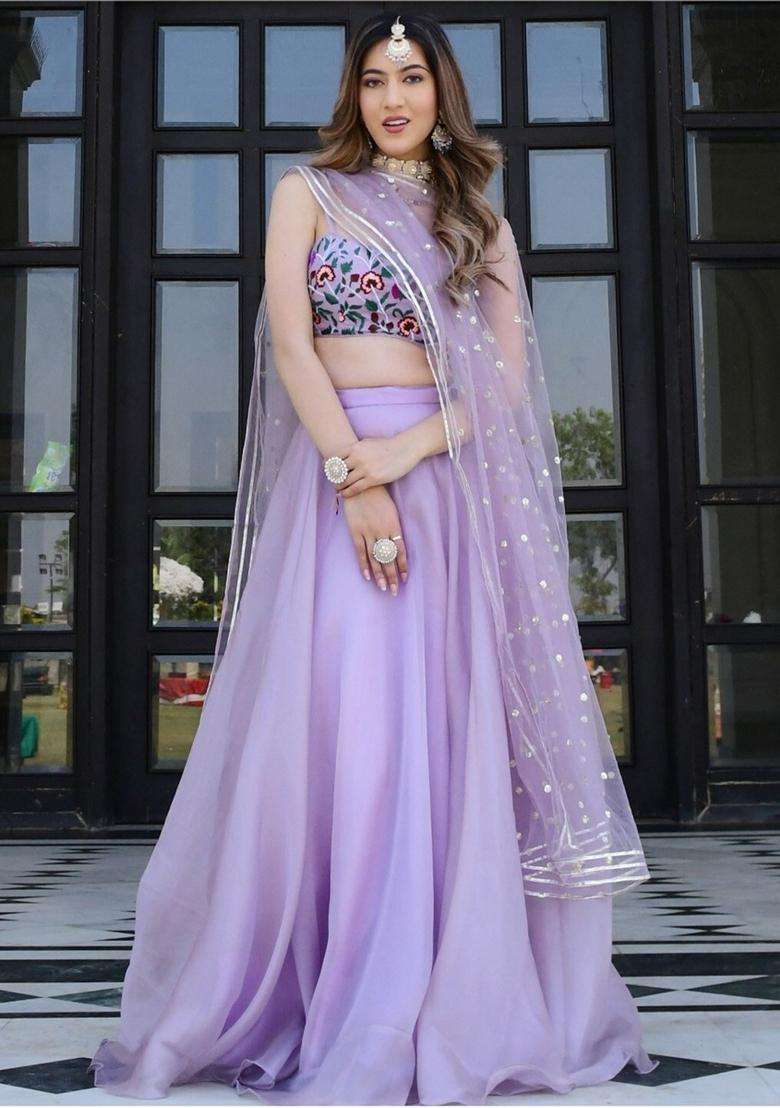 Lavender Embroidery Net Lehenga Set for Diwali and Festive Wear - Indya