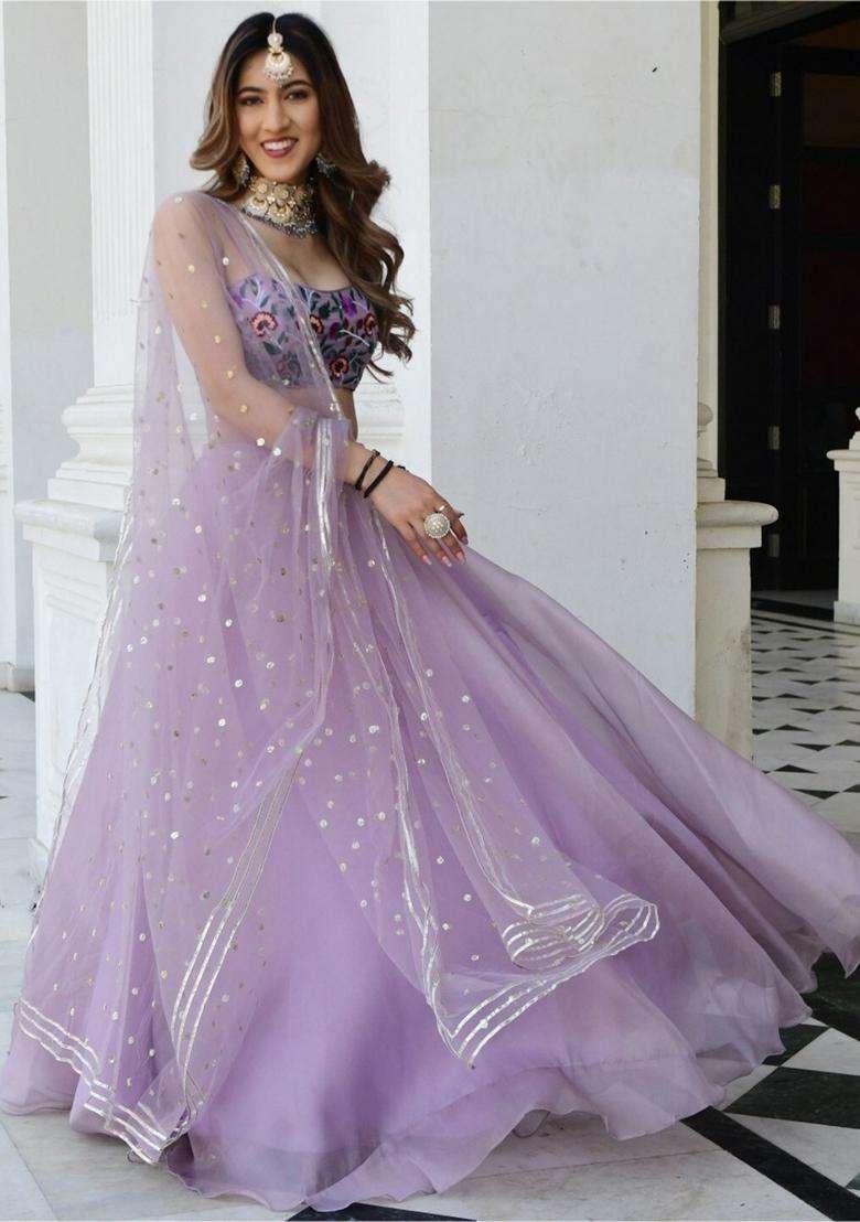 Lavender Embroidery Net Lehenga Set for Diwali and Festive Wear - Indya