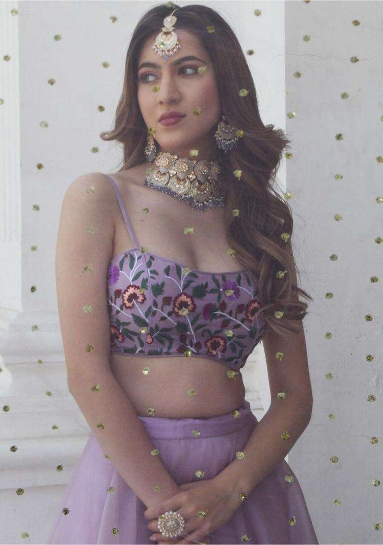 Lavender Embroidery Net Lehenga Set for Diwali and Festive Wear - Indya