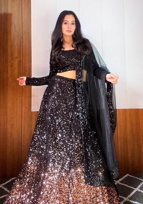 Black Sequins Work Velvet Lehenga Set