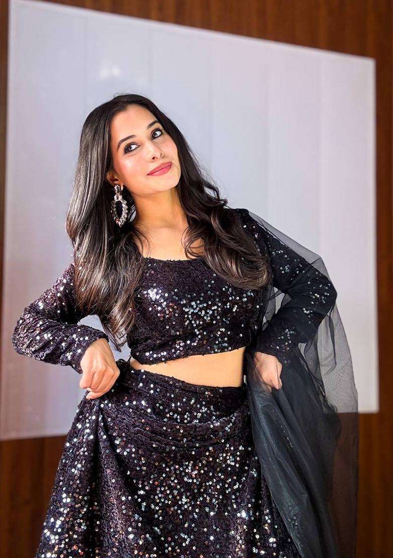 Black Sequins Work Velvet Lehenga Set for Diwali and Festive Wear - Indya