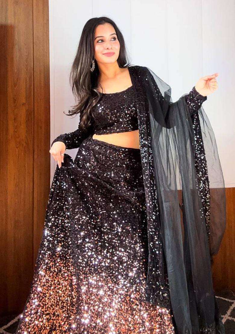 Black Sequins Work Velvet Lehenga Set for Diwali and Festive Wear - Indya