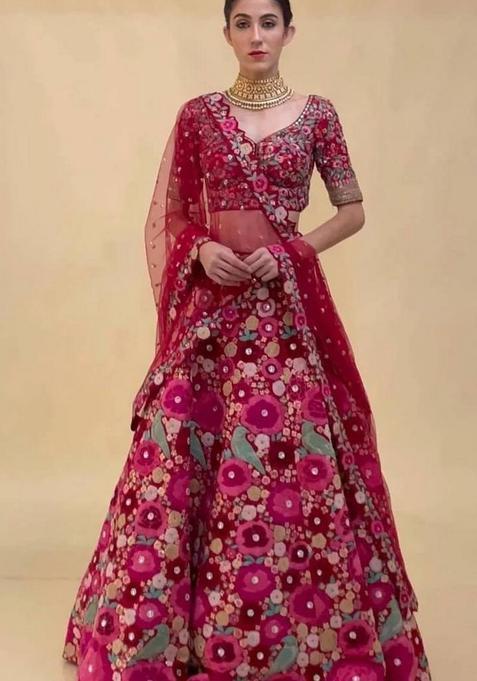 Red Embroidery Velvet Lehenga Set