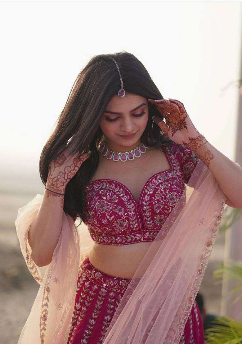 Magenta Sequins Work Silk Blend Lehenga Set for Diwali and Festive Wear - Indya