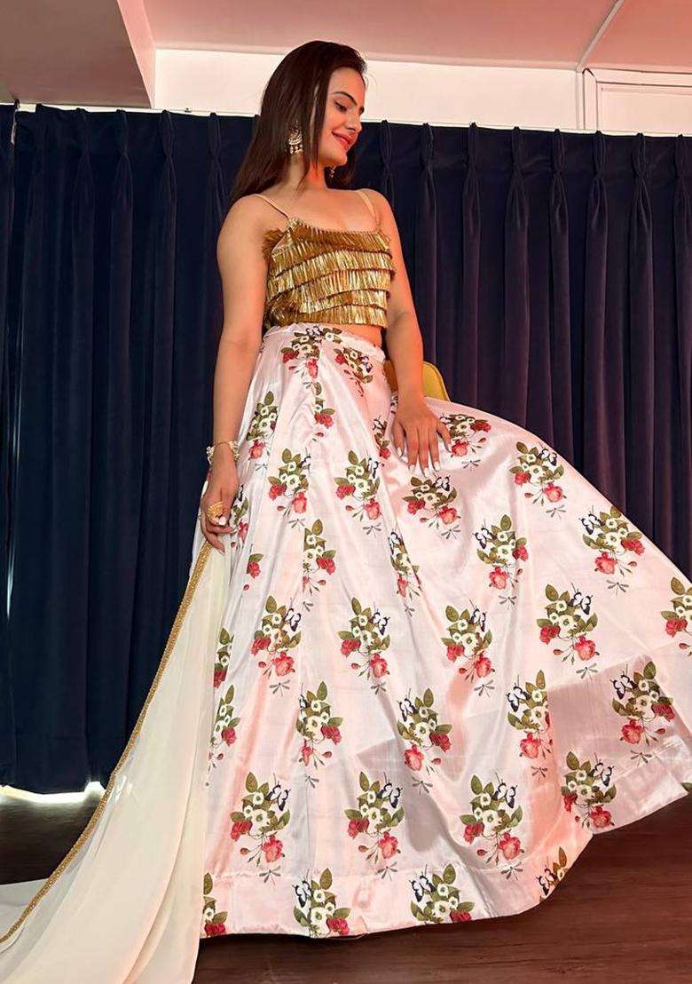 White Silk Blend Lehenga Set with Printed for Diwali | Wedding & Festive Wear - Indya