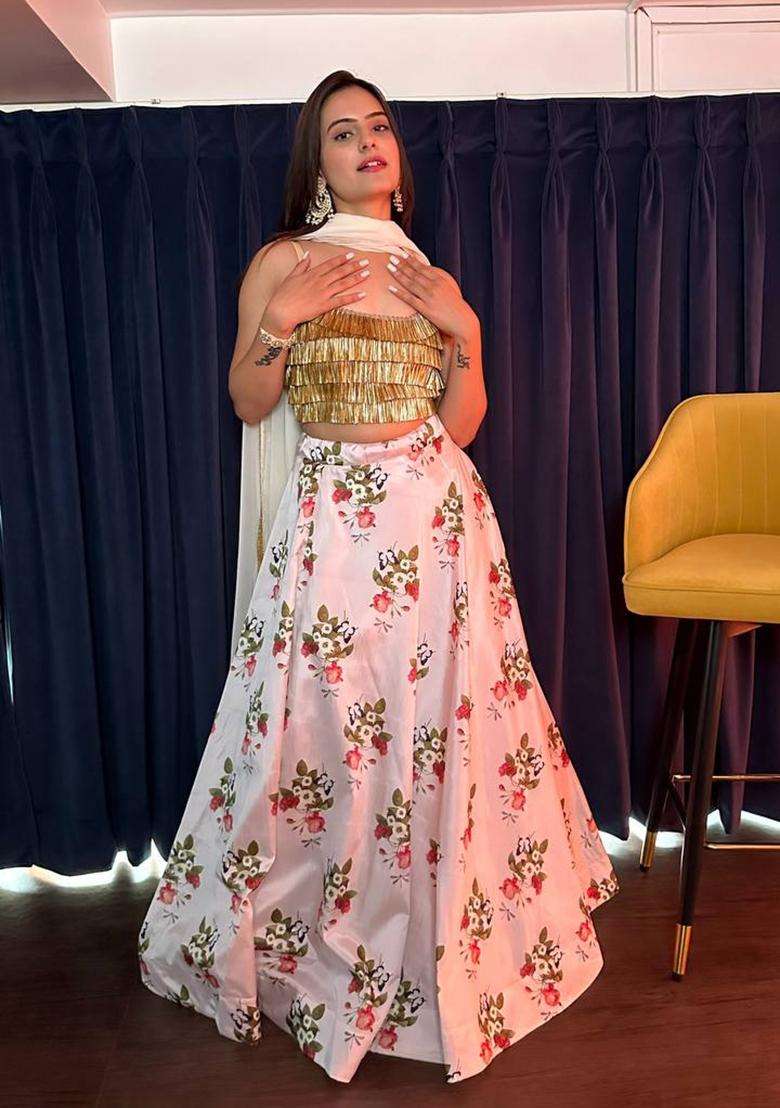 White Silk Blend Lehenga Set with Printed for Diwali | Wedding & Festive Wear - Indya
