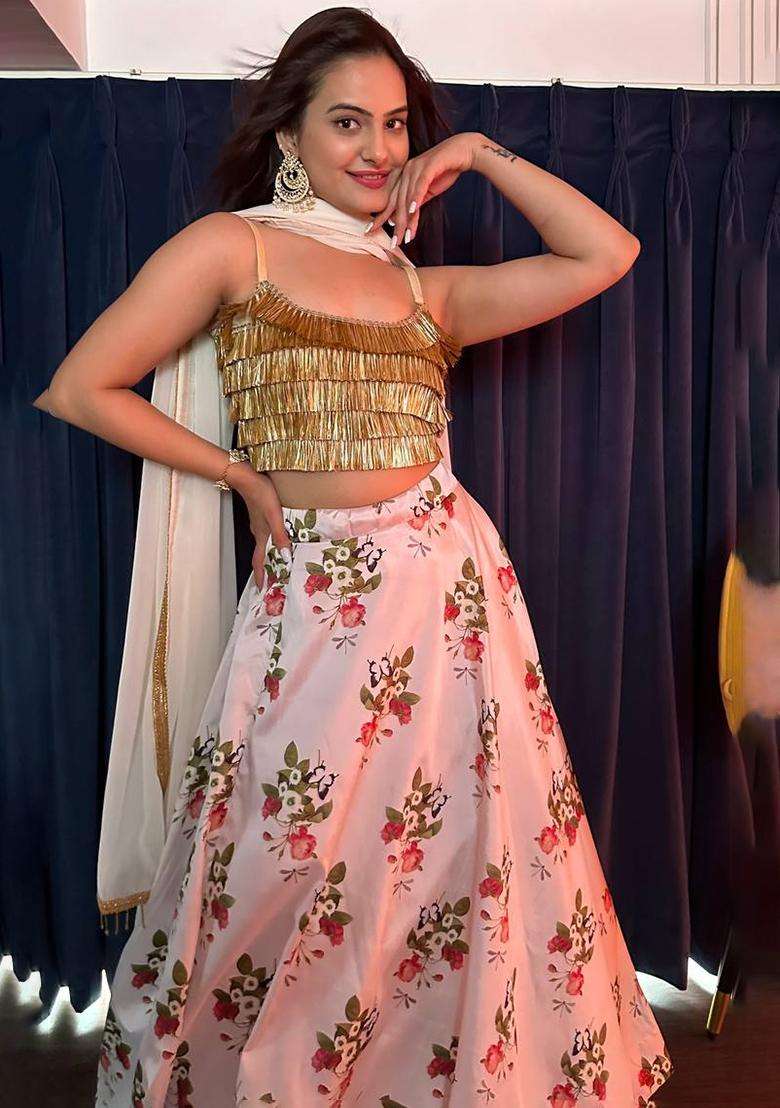 White Silk Blend Lehenga Set with Printed for Diwali | Wedding & Festive Wear - Indya