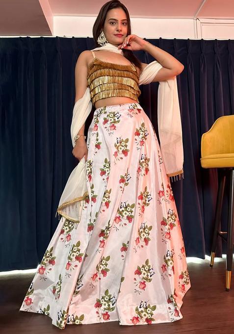 White Printed Silk Lehenga Set