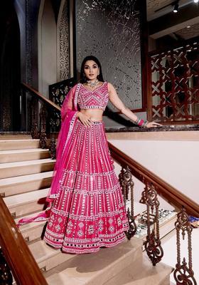 Pink Thread Work Silk Lehenga Set