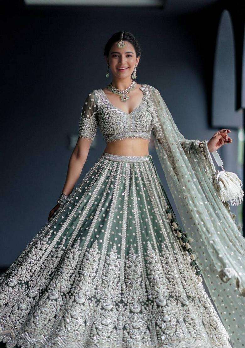 Pista Sequins Work Net Lehenga Set for Diwali and Festive Wear - Indya