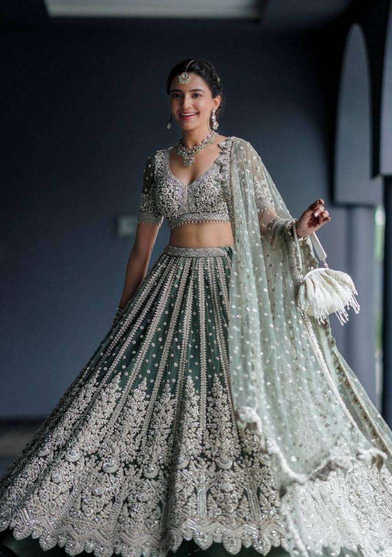 Pista Sequins Work Net Lehenga Set for Diwali and Festive Wear - Indya
